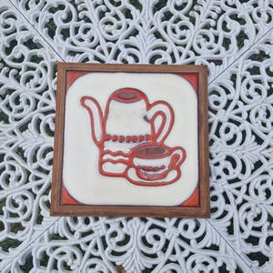 Vintage ceramic tile trivet in wood frame rustic kitchen wall decor retro style perfect gift for cozy home or country kitchen lover