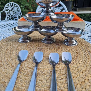 French Vintage Stainless Steel Dessert Bowls Set of 6 with 5 Spoons Mid Century Modern Ice Cream Cups Retro Pedestal Bowls France