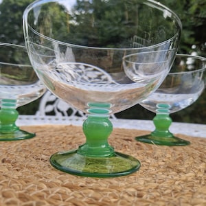 Set of 3 Vintage Arc France green stem glass ice cream bowls dessert coupes retro French bistro tableware elegant mid century  Sundae Cups
