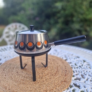 Vintage Swiss Fondue Pot with Stand 1970s Mod Orange Circles Stainless Steel Mid Century Modern Entertaining Retro Kitchen Boho Style