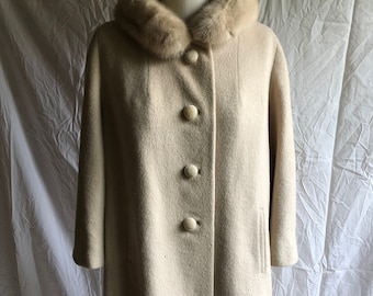 Fab light beige 1960's classic coat with light mink fur collar