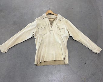 Camisa vaquera de cuero de ante color crema de los años 70 para hombre, estilo raro, con frente con encaje, talla M