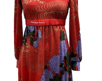 Vintage 60/70's Hanae Mori Ban- Lon Dress Vivid--Red w/ Asian print - 8