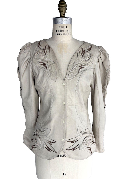 Vintage 80s Shanna  Ivory Leather Rosette Puff Sleeve Jacket S