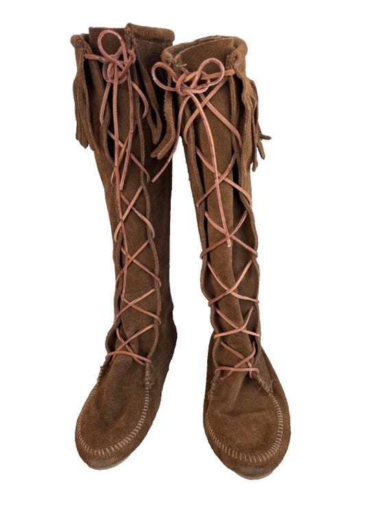 Minnetonka Knee High Suede Moccasin Boots Fringe Lace Up Brown Womens 9