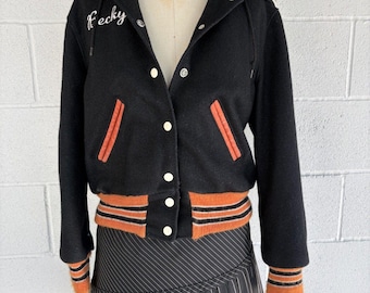 Vintage DeLong Varsity Jacket Lobos Becky Hooded Letterman Navy Orange S