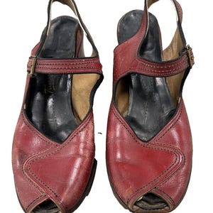 Vintage 40's Red Leather Ankle strap open toe sandals - 6