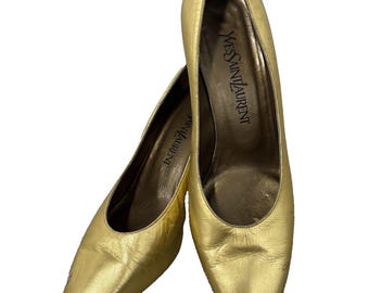 Vintage Yves Saint Laurent YSL Gold Metallic Leather Pumps Heels Size 8 Italy