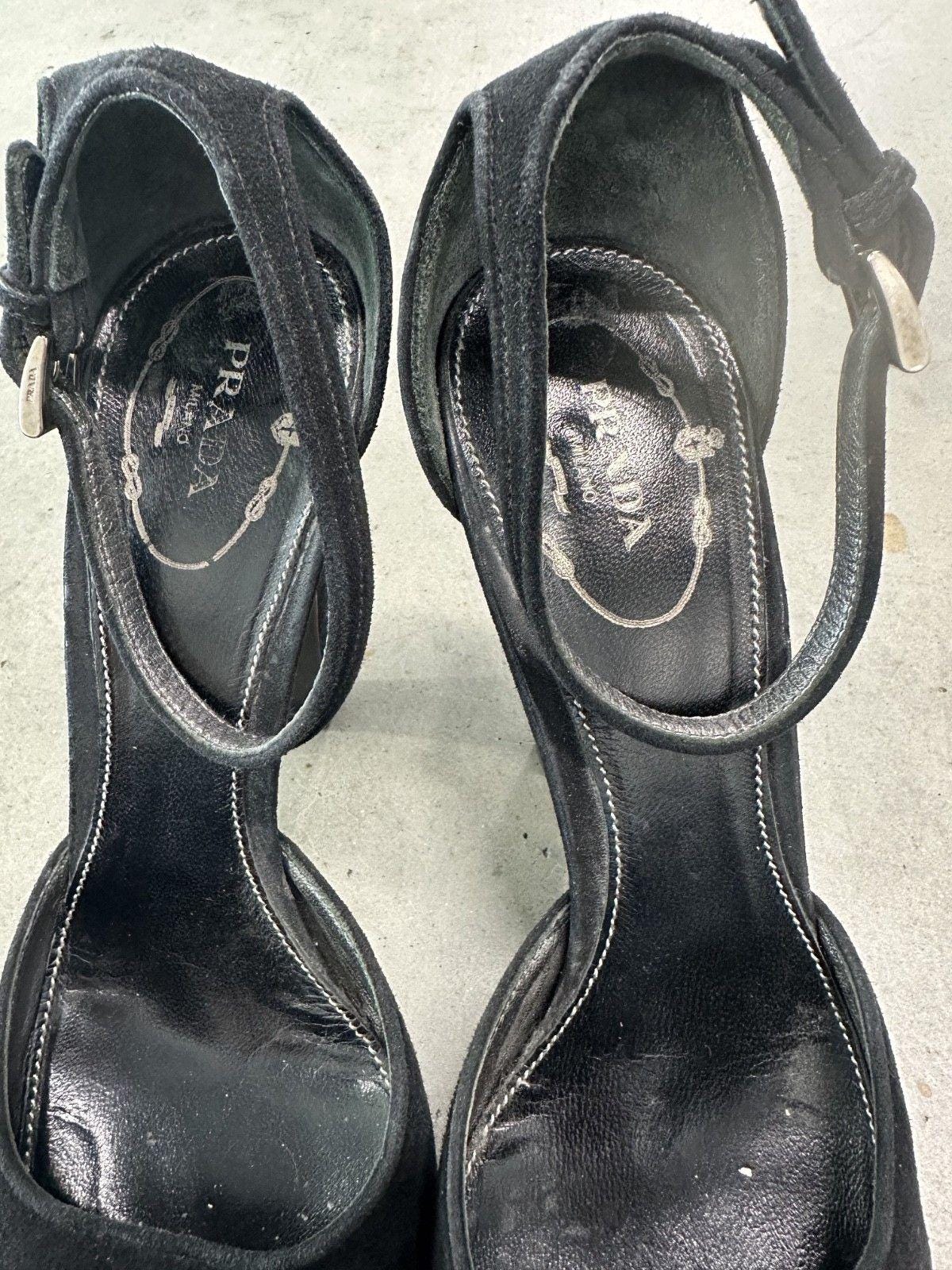 Vintage 80's /90's Prada Black Suede Platform Sandals - Ankle