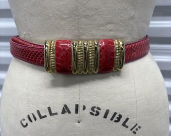 Vintage 80's Pink Snake skin belt with Gold Hardware