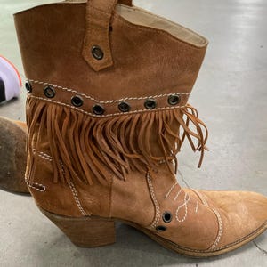 May include: A brown suede ankle boot with a pointed toe and a stacked heel. The boot features fringe detailing along the top and decorative stitching. Metal grommets are visible along the top edge. The boot has a pull tab.