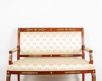 Antique French Empire Mahogany Settee, Ormolu Mounts & Napoleonic Bee Fabric, Neoclassical Salon Sofa c.1880