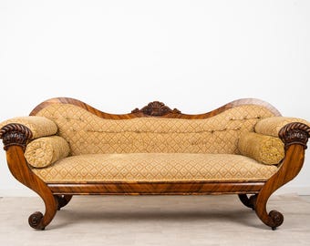 Antique Victorian Rosewood Upholstered Settee Sofa With Carved Scroll Ends C.1880