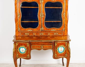 Antique French Kingwood Writing Cabinet, Ormolu Mounts & Sèvres Porcelain Plaques, Louis XV Bonheur du Jour c.1880