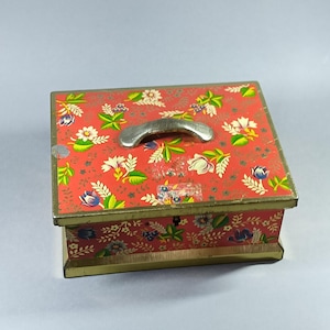 Vintage Floral Tin Box with Handle: Boho Folk Art Storage