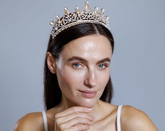 Corona de novia de perlas, tiara de perlas para boda, tiara de diamantes de imitación dorados, corona de tiara de perlas, tiara de princesa de perlas, tocado de perlas, accesorio para el cabello de perlas