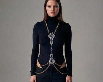 Collar de cadena corporal, joyería de cadena corporal, cadena corporal de cristal, cadena corporal de oro, collar corporal llamativo, cadena corporal para la cintura, cadena de arnés corporal