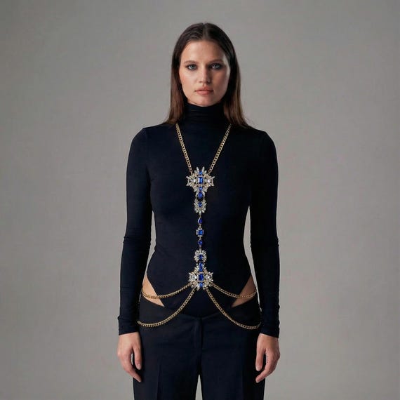 Body chain necklace, Body Chain Jewelry, Crystal Body Chain, Gold Body Chain, Statement Body Necklace, Waist Body Chain, Body Harness Chain