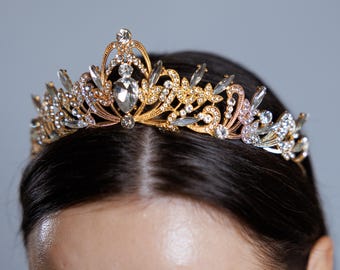 Gold Rhinestone Crystal Bridal Tiara, Gold Wedding Sparkling  display picture 1