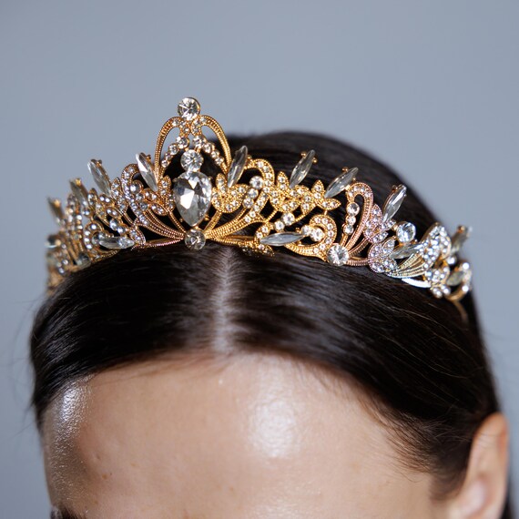 Gold Bridal Tiara, Gold Wedding Crown, Crystal Gold Tiara  display picture 3