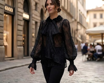 Blusa de encaje negra, top de encaje gótico, blusa de encaje victoriana, top de encaje con lazo, blusa de encaje transparente, ropa gótica, moda alternativa, blusa boho