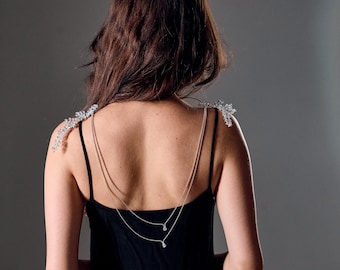 Cadena de hombro de plata, Joyas de cadena de hombro, Charreteras de plata, Arnés de cadena con diamantes de imitación, Cadena corporal para festival, Joyas corporales para rave, Cadena corporal