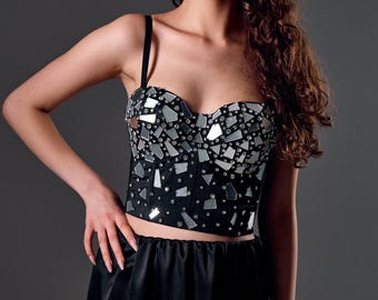 Bustier de cristal, bustier de diamantes de imitación, top de corsé brillante, bustier de corsé, corsé de diamantes de imitación, corsé rave para mujer, corsé de festival, bustier de festival