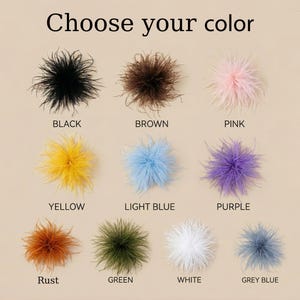 May include: Nine fluffy feather clusters in various colors: black, brown, pink, yellow, light blue, purple, rust, green, white, and grey blue. Text at the top reads "Choose your color."