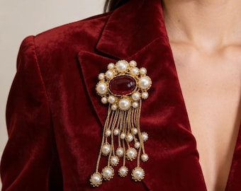 Broche de perlas, broche de perlas vintage, broche llamativo, broche de borla de perlas, broche de perlas doradas, broche de estilo victoriano, joyería llamativa