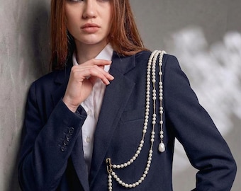 Broche de borla de perla, broche de cadena de perla, broche de cuentas de perla, broche de perla llamativo, broche de perla para chaqueta, broche de perla para solapa, broche de perla con prendedor