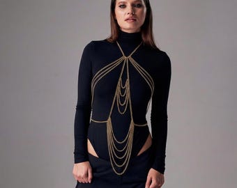 Cadena corporal de oro, joyería corporal tipo cadena, joyería tipo arnés, arnés de cadena de oro, cadena corporal sexy, joyería corporal de moda, cadena corporal de noche