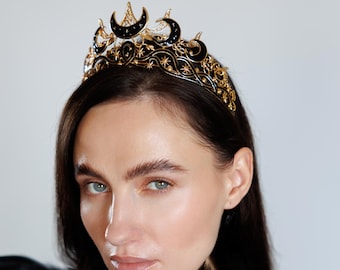 Corona de luna negra, corona gótica, corona de hada dorada, tiara de luna, tiara de boda gótica, corona celestial, corona de reina negra, corona lunar