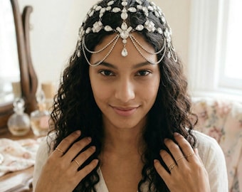 Adorno para la frente con diamantes de imitación, adorno para la cabeza de festival, cadena para la cabeza de cristal, adornos para la cabeza de plata, cadena para la cabeza rave, cadena para la cabeza boho, cadena para la cabeza de hada