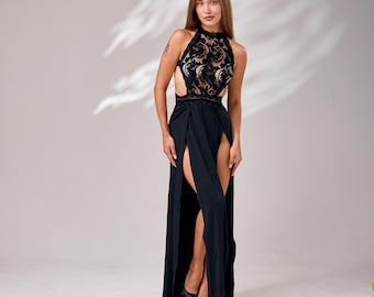Vestido de noche negro,Vestido de noche de encaje,Vestido negro largo con abertura,Vestido maxi negro de encaje,Vestido negro hasta el suelo,Vestido de fiesta negro,Vestido largo de encaje