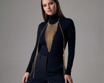 Cadena corporal dorada, cadena corporal en capas, joyería de arnés de cadena, cadena corporal llamativa, collar de cadena dorada, joyería corporal de moda, collar de cadena corporal