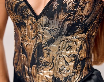Top de corsé negro dorado, bustier negro, top de corsé gótico, top de corsé de estilo vintage, top de corsé brocado, top de corsé de noche, corsé steampunk