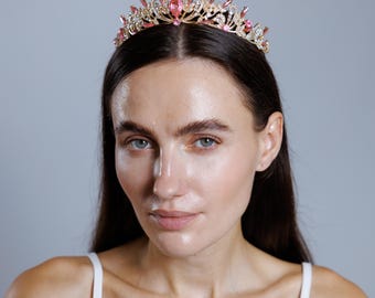 Tiara rosa, tiara de princesa, corona de novia rosa, tiara de diamantes de imitación rosa, corona de cristal rosa, corona de boda rosa, tiara de fiesta de princesa, tiara elegante