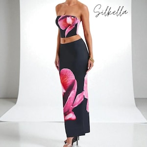 Floral Two Piece Set: Strapless Crop Top & Maxi Skirt - Summer Vacation