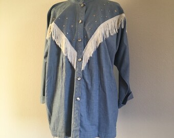 Vintage 1980s Brasseur of California Western Fringe Studded Chambray Button Down Shirt M/L (c)