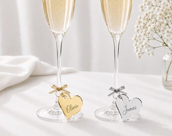 Colgante de acrílico en forma de corazón para copa de vino, etiqueta personalizada con los nombres de los novios, decoración dorada y plateada para copa de champán, etiqueta para brindis de boda.