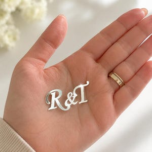 Pode incluir: Um pequeno recorte metálico de cor prateada com as letras R e T ligadas por um símbolo de e comercial. A peça tem uma superfície lisa e refletora com um design de fonte serifada estilizada, apresentada como um item decorativo único.