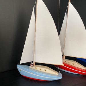 Handmade Wooden Sailboat Model with Fabric Sails-Customizable Nautical Decor,Personalized Boat Gift. (12cmx20cm)
