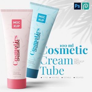 May include: Two cosmetic cream tubes, one light pink and one light blue, featuring the text MOCK KUP and Cosmetics cream tube. The tubes are displayed alongside text that reads 100 ml Cosmetic Cream Tube, PSD MOCKUP PACK, 11 PSD, HIGH-RES, EDITABLE, ISOLATED.