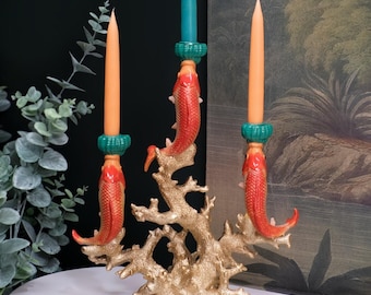 Hand Painted Golden Coral and Colourful Koi Fish Triple Dinner Candle Holder Candelabra