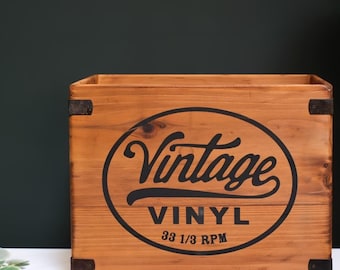 Vintage Vinyl Print Wooden Record Vinyl Storage Box for 12 Inch LPs