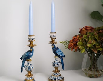 Ornate Parrot Dinner Candle Holders Blue / Green