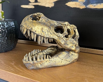 Small T-Rex Tabletop Sculpture Hand-Painted Gold / Textured Grey