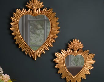 Hand-Finished Sacred Heart Wall Mirrors - Small or Large - Antique Gold or Burnished Black