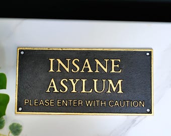 Hand Painted Cast Iron Insane Asylum Wall Sign / Plaque 13x27x0.6cm