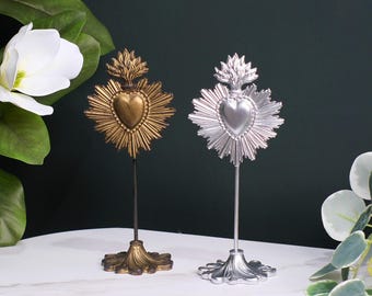 Small Antique Bronze Sacred Heart Tabletop Statue - 23cm Tall